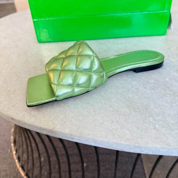 BOTTEGA VENETA Quilted Leather Padded Flat Slide Sandals - Reflection Pistachio - Picture 7 of 13
